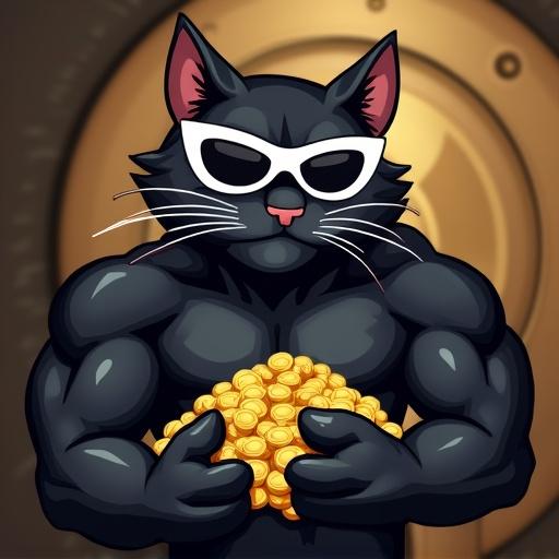 Meme coin theme featuring muscular black cat with serious expression and white sunglasses. Cat holds gold coins in front of a bank vault background.