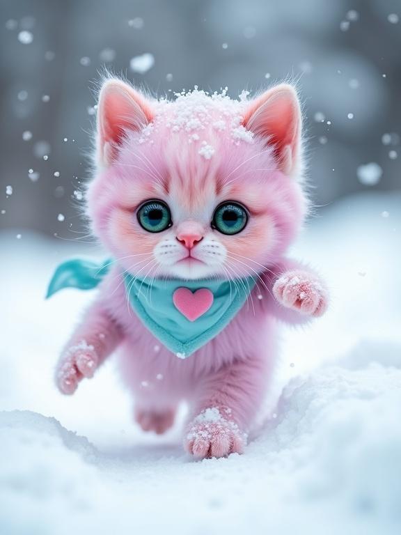 Pastel pink fluffy kitten runs through snow. Kitten has large green eyes and tiny head. Wears light blue bandana with pink heart. Snowflakes swirl around. Kitten's paws dig into deep snow. Body tense with urgency.