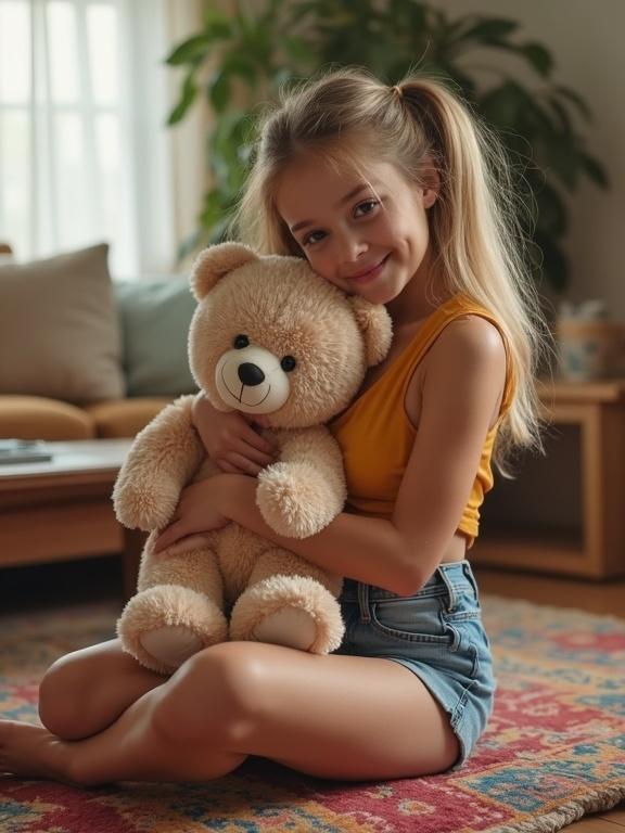 Girl sitting on a colorful rug in a cozy living room. Hugging a fluffy teddy bear. Natural sunlight. Innocent smile. Casual summer outfit with shorts.