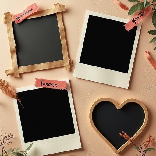 Square photo collage in stop-motion style with couple theme. Features three decorative photo frames with hand-crafted appearance. Large tilted rectangular frame in upper left with tape and shadow accents. Rounded square frame in lower right center with paper-cut textures. Frame in upper right corner like paper-punched cutout. Each photo area is solid black. Background includes textured paper surface, subtle shadows and warm tones. Hand-drawn lettering like 'Love', 'You & Me', and 'Forever'. Cozy, artistic, romantic composition.