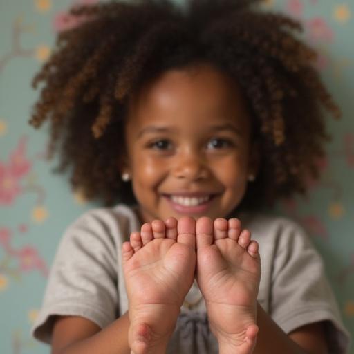 Mixed race girl smiling and counting her toes with hands. The girl has curly hair and a joyful expression. Soft background creates a playful atmosphere.