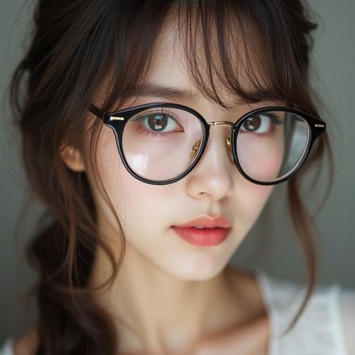 Portrait of a young lady wearing stylish black glasses. She has single eyelids and is looking directly at the camera. The lighting is soft and highlights her facial features. The background is neutral.