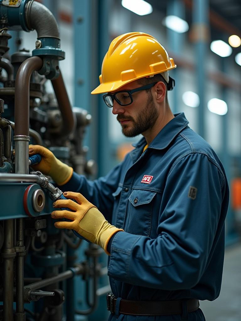 A technician in a blue coverall works on a large power generator. Gloves are worn and a hard hat is on the head. The environment is industrial with bright lighting. The focus is on the technician's hands interacting with the machinery.