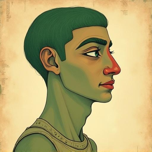 Vintage illustration showing a man with muted colors. Pencil drawing technique used. Egyptian highlighted nose with flat colors. Background mimics an ancient manuscript. Features big outlined eyes and an elongated profile. Face shape has Egyptian Ra-style eyes. Body displays a green gradient. Canvas-like texture.