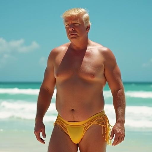 A man sunbathes on the beach wearing a two-piece bikini. Bright sun shines over a sandy beach with a blue ocean in the background. He appears relaxed and confident in his swimwear.