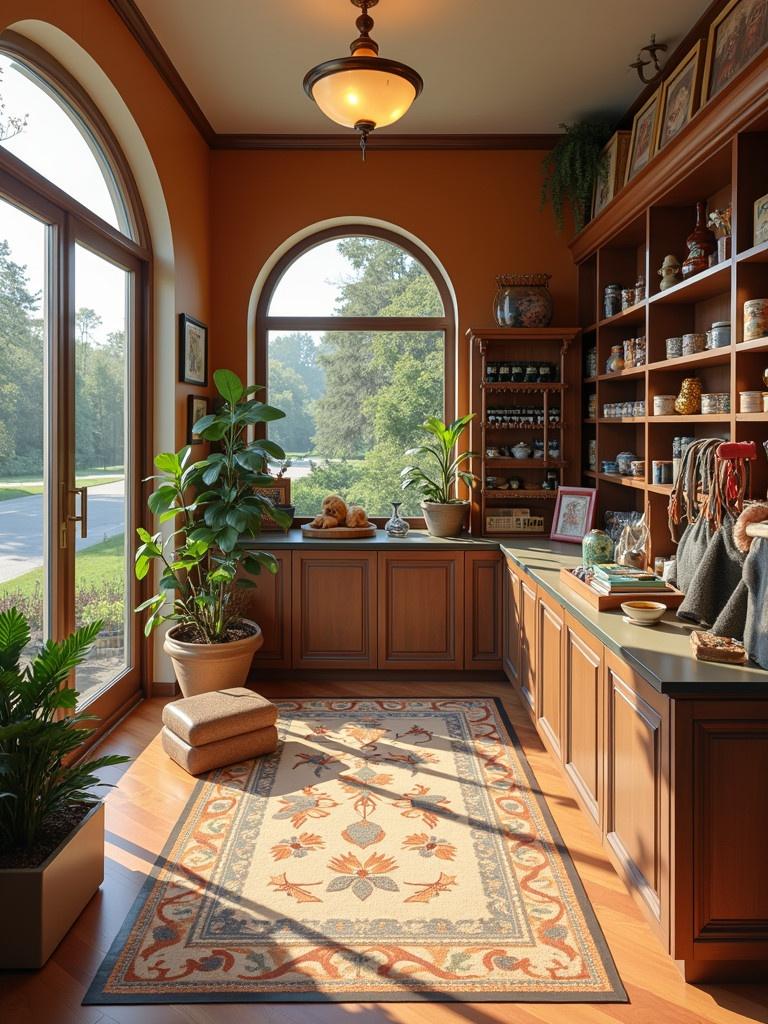 Stylish interior of a pet store. Art deco style elements. Shelves filled with accessories. Cozy atmosphere with plants. Warm colors and natural lighting. Decorative rugs and home goods.