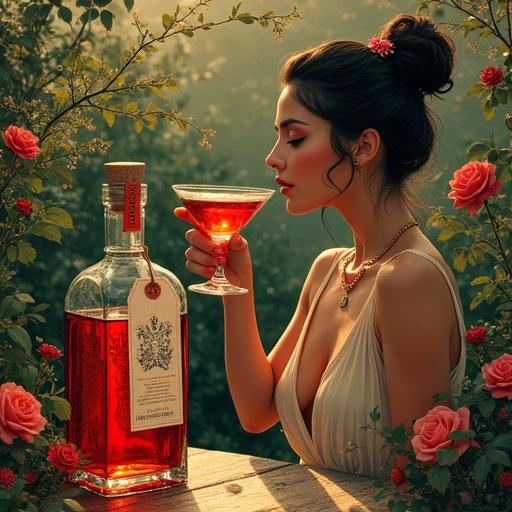 Stylized advertisement captures a 1920s speakeasy scene. A voluptuous goddess toasts with a shimmering reddish liqueur. She wears an open blouse and wrap-skirt. The setting includes wildflowers, herbs, and greenery. An apothecary-style bottle prominently displays 'ALFRUNO'. The ambiance is serene and mysterious.