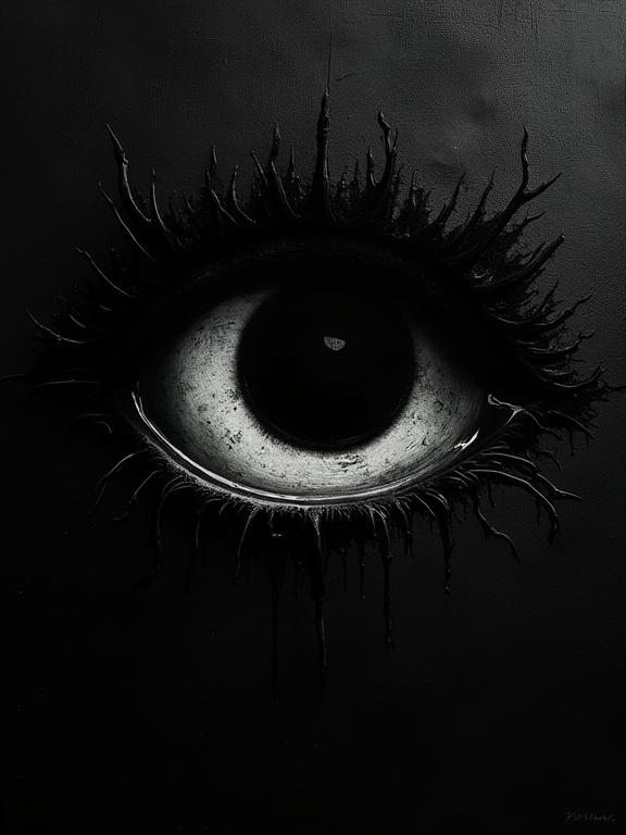Macro close up of a giant silhouette eye on a black background. Black iris fills top right corner. Glitch-like corruptions emerge from the eye, eroding rest of image with shadowy effects.