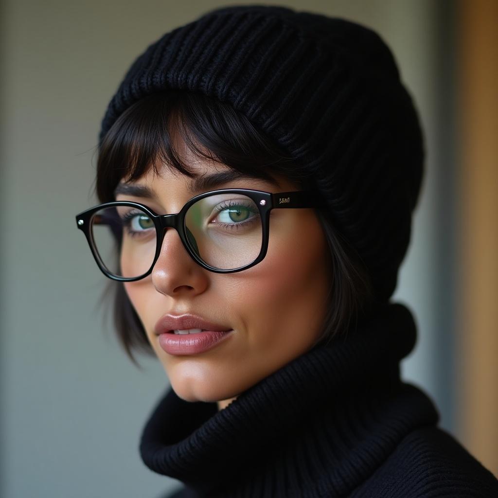 Person with medium-dark brown skin wears rectangle glasses. Hair is very short and dark black. Black beanie adorns the head. Soft light enhances the look.