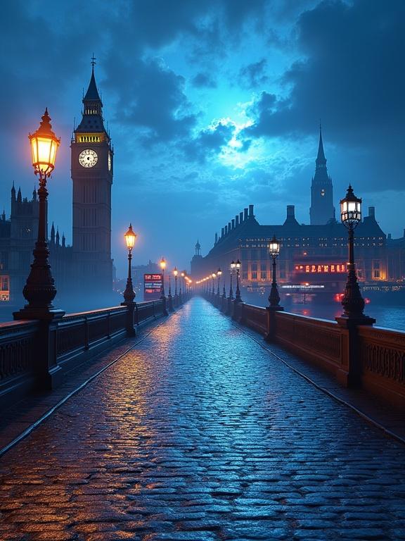 Breathtaking scene of Big Ben in London with fantasy elements. A medieval brick path leads into the horizon. Books and a bus float around. The sky has shiny blue color and cosmic energy. Dramatic lighting enhances the texture of the scene.