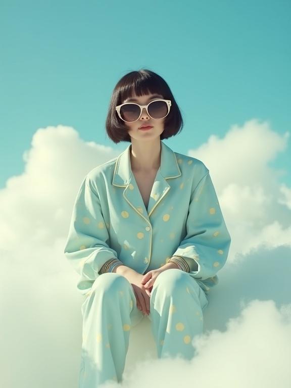 Woman sitting on fluffy clouds. She wears big sunglasses and light blue pajamas with yellow polka dots. Short dark bob hairstyle. Background features a baby blue sky with white clouds. The photo has muted earthy colors and soft tones.