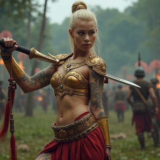 A young female warrior in ancient Thai armor poses with a sword and spear. She has defined abs and strong arms, traditional tattoos, and a battlefield backdrop.