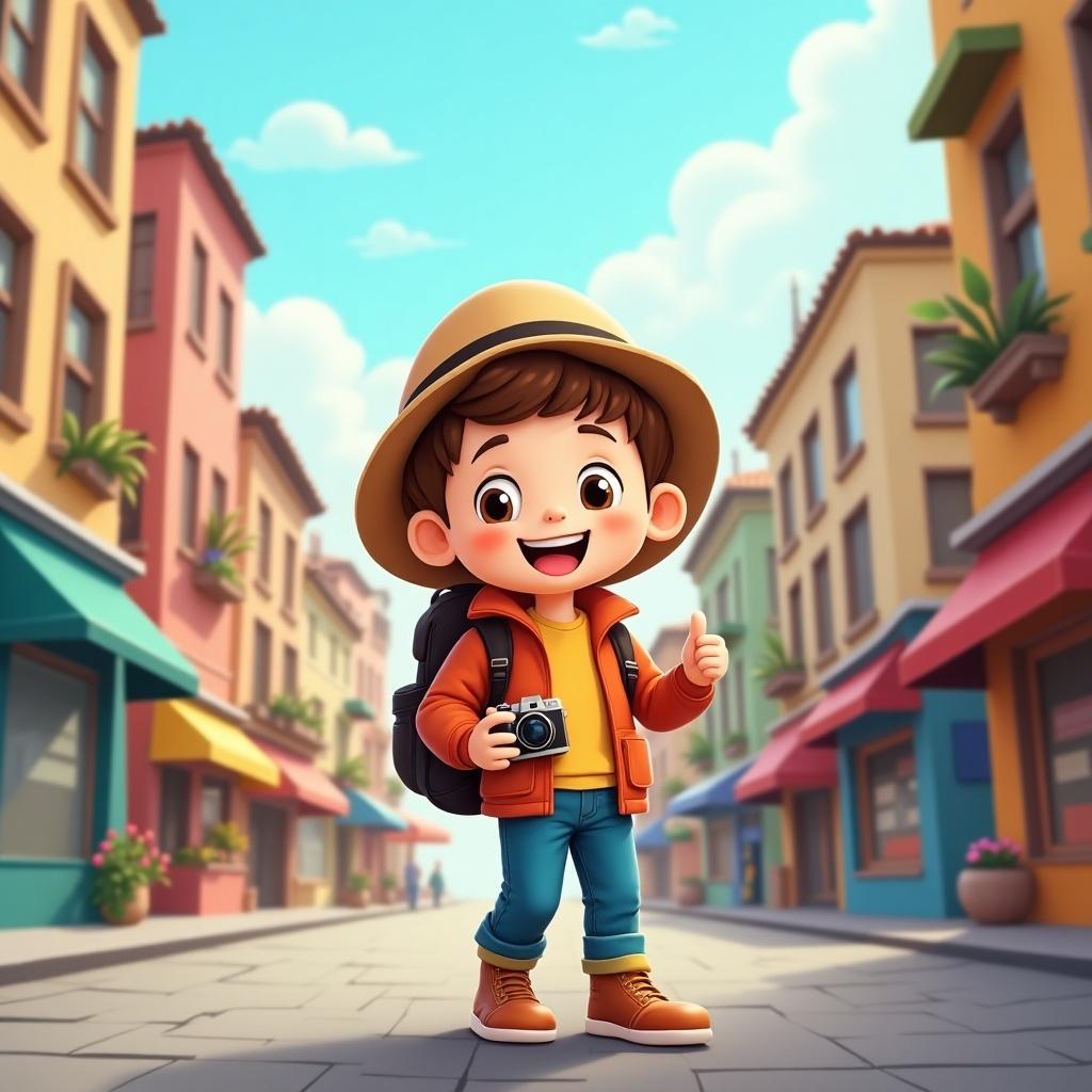 The image features a cute cartoon boy, who looks excited as a tourist. He is standing in a vibrant street filled with charming buildings. The boy wears a bright orange jacket and a large floppy hat, while holding a camera. His expression is joyful, and he gives a thumbs-up sign. The neighborhood is colorful, filled with shops and greenery, evoking a sense of adventure and fun!