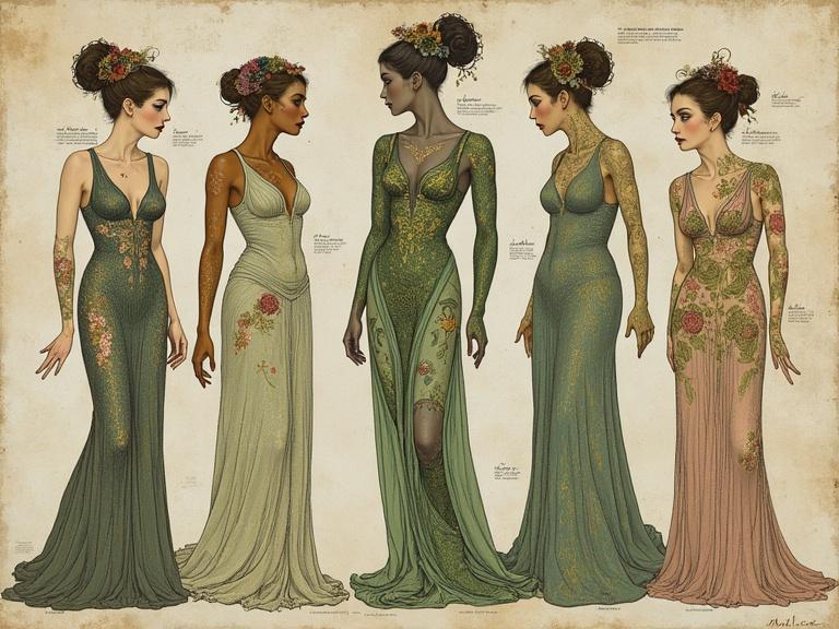 This image features stylized women in dresses inspired by Klimt art. The designs incorporate zentangle patterns and a Droste effect. Elements are arranged on a textured surface similar to old botanical plates. The color palette includes muted greens, soft creams, and dusty pinks. The atmosphere is quiet and nostalgic.
