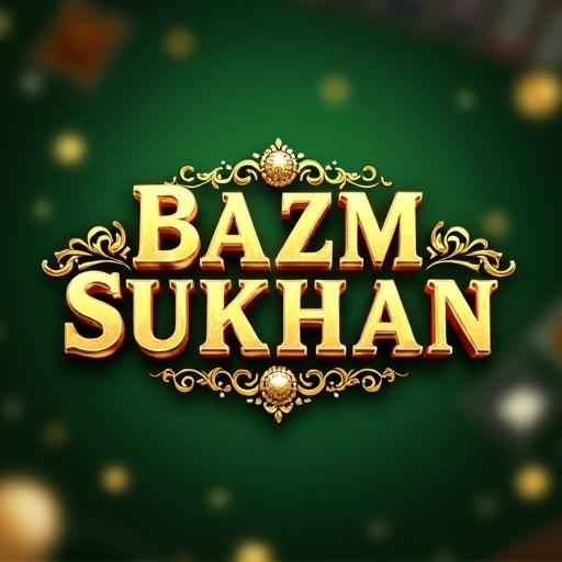 Golden text titled Bazm Sukhan with 3D effect. Blurry green background. Detailed design features gold and silver. Themes of luxury and gaming evident.