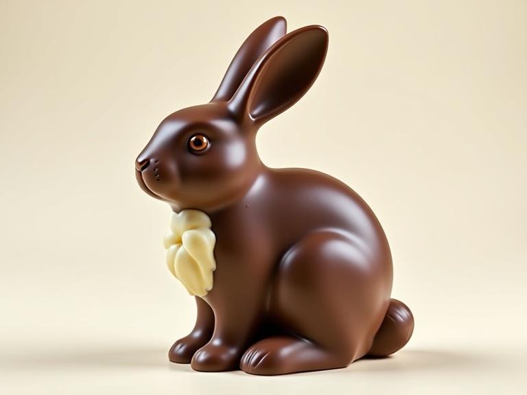 Beautiful rabbit made out of dark chocolate, white chocolate, and milk chocolate. Professional studio product photo with a soft background.