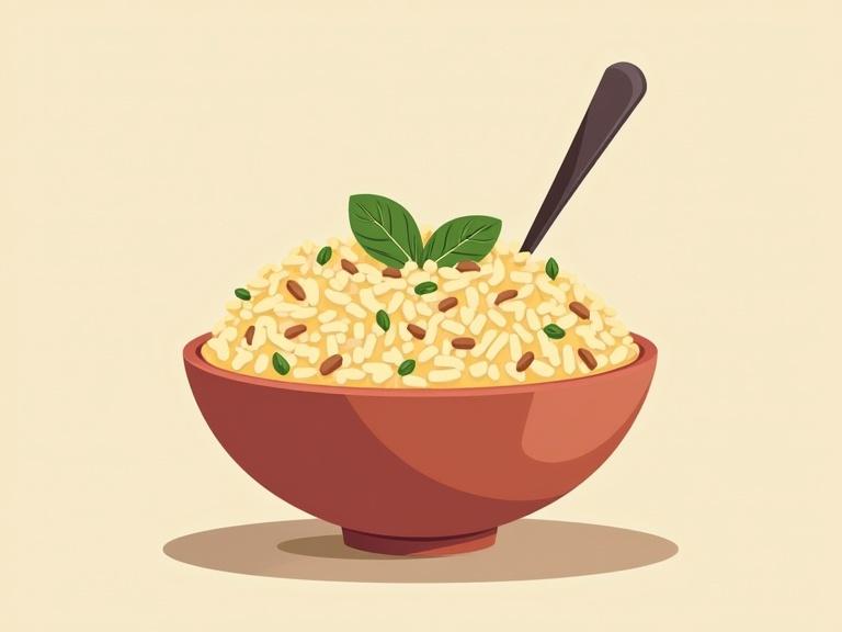 Flat cartoon-style vector illustration of a bowl filled with creamy Arborio rice. Rice is slowly cooked with porcini mushrooms. Topped with Parmesan and truffle oil. Bowl has a spoon resting on the side. Clean geometric shapes and soft rounded edges. Solid cream background for good contrast.