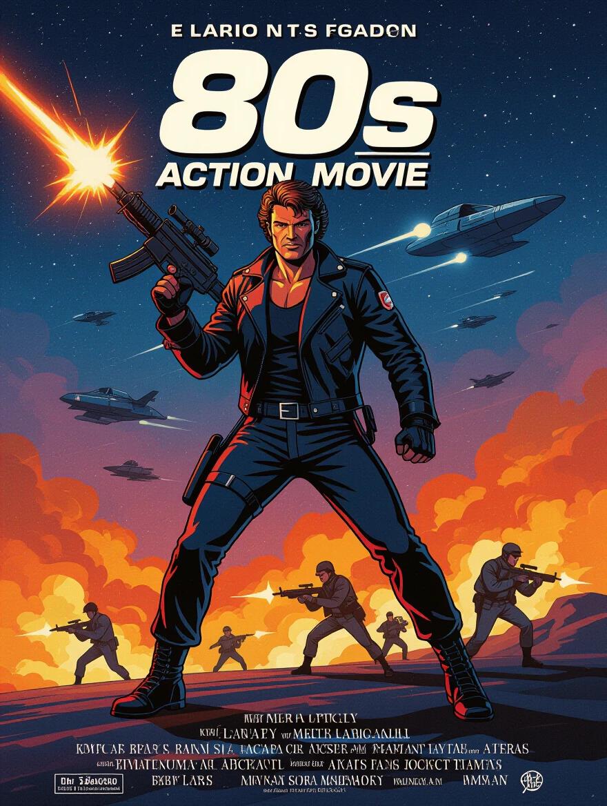 A vibrant 80s action movie poster featuring a heroic character holding a gun. Explosions and silhouettes of soldiers in the background. Retro design elements typical of the 1980s cinematic style. Bold colors and striking typography present a dramatic atmosphere.