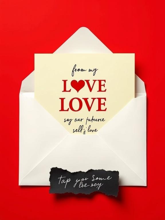 Minimalist flat-lay design featuring cream letter in white envelope on red background. Letter with stylish red black typography, heart symbol in 'Love'. Personal phrases like 'from my future self', 'tap for self-love'. Torn black paper strip with cursive text. Romantic introspective aesthetic, high contrast and clean layout.