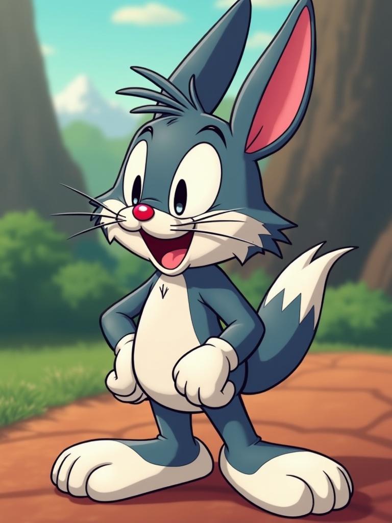 A cartoon bunny with blue-grey fur and large ears standing happily on a forest path.