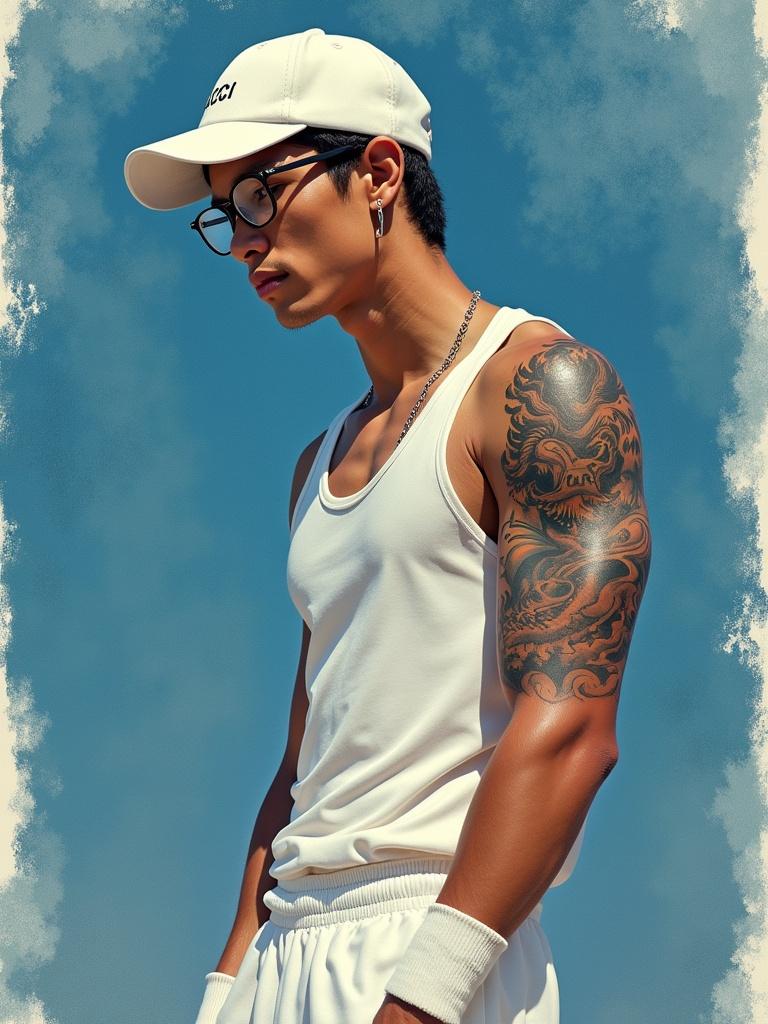 A young Indonesian man with a muscular build wears a white singlet and shorts. He sports an impressive oriental dragon tattoo on his arm. The background is blue with a burlap texture. A white knitted cap with GUCCI written on it decorates his head. He stands confidently, showcasing his athletic physique.