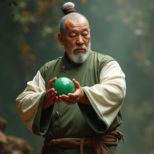 An ancient man holds a green jade ball between his hands. He wears traditional clothes. The setting is peaceful and atmospheric. The background is slightly blurred, enhancing focus on the man and the jade ball. 
