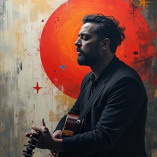 Fabric painting depicting a progressive metal singer in a minimalistic style. The background features abstract colors and forms. The singer is holding an acoustic guitar and is shown in profile, exuding creativity and emotion.