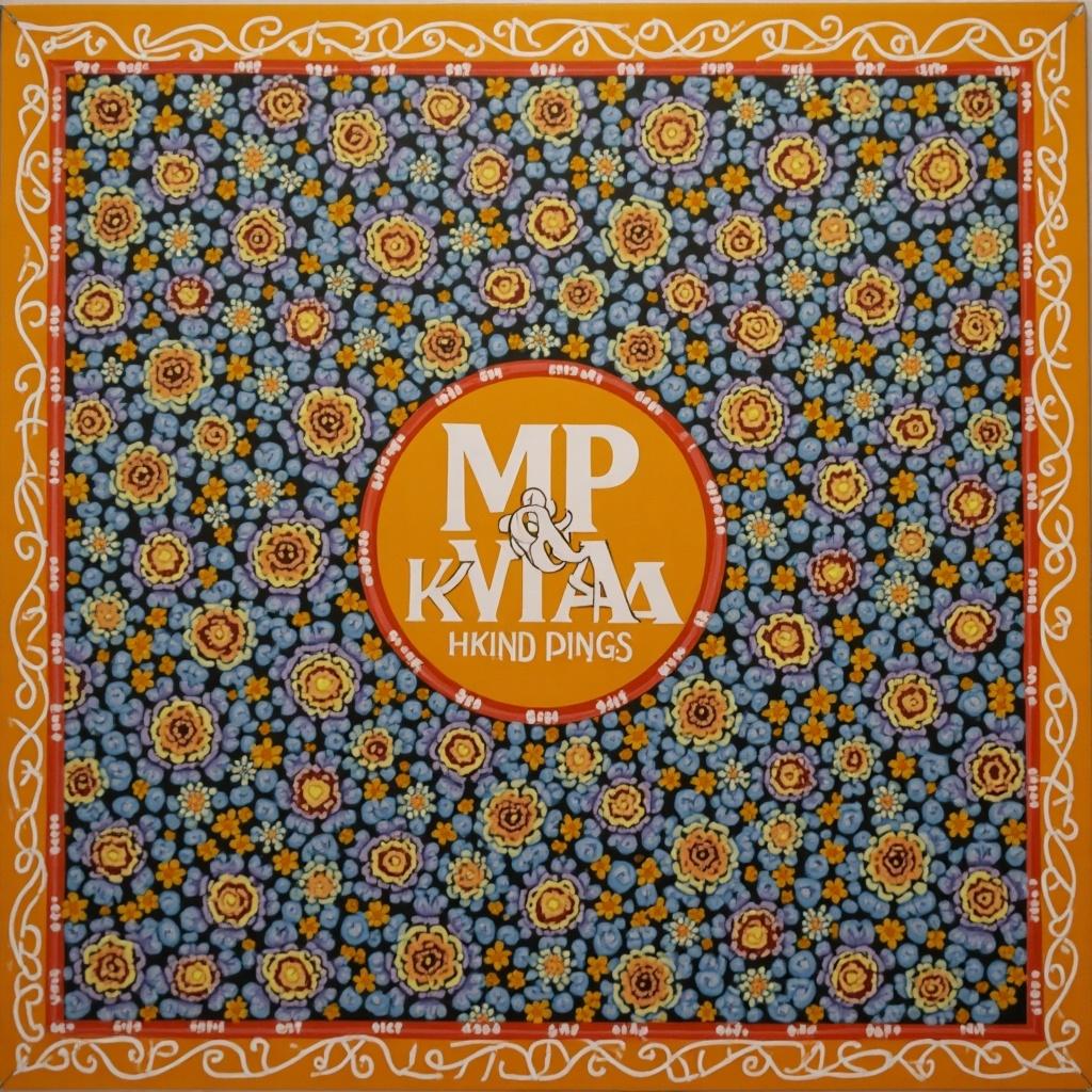 The image features a vibrant album cover design characterized by a repeating floral pattern. It has an orange and blue color palette that creates a lively feel. In the center, there is a circular emblem with the letters 'MP & KVTAA' prominently displayed. The background is filled with colorful flowers in various shades. The overall design evokes a sense of energy and creativity, making it suitable for a music album cover or art print.