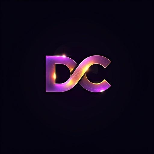 Logo design for Digital Creative using high tech font. Incorporates colors purple, gold, black, white. Emphasizes on intertwined letters D and C.