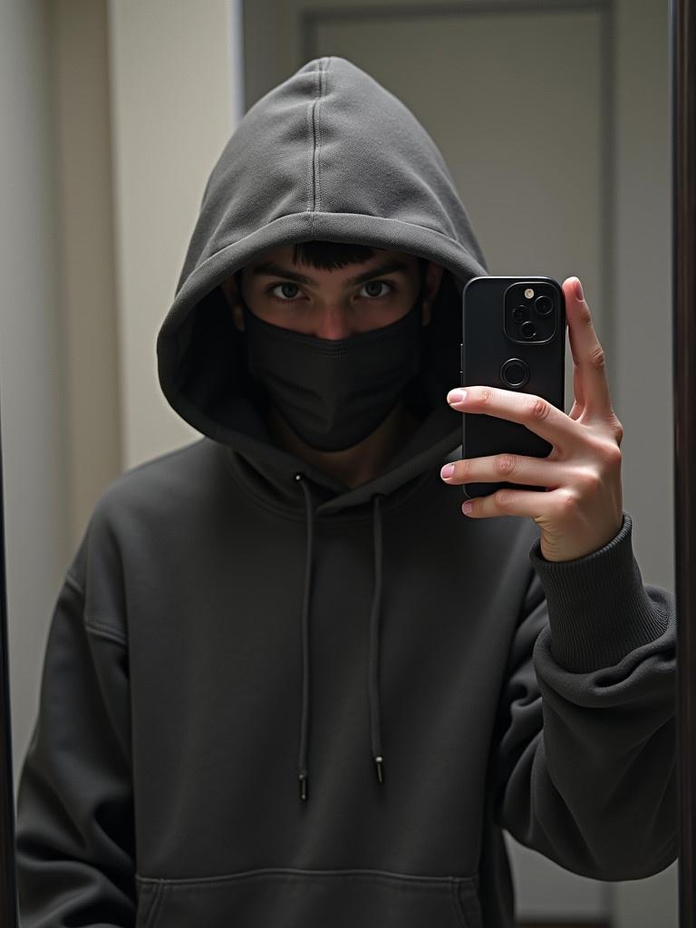 A boy takes a selfie in front of a mirror. He wears a gray hoodie. He holds a smartphone. The face is obscured. The setting is indoors.