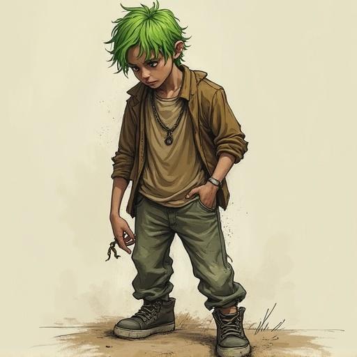 Sketch of a young homeless man. He has green hair and wears a brown shirt. He stands in worn shoes. Character conveys a sense of struggle.