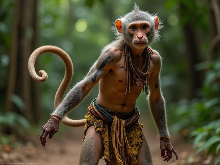 Mayan dancer with symbolic fabric tail black markings on arms energetic stance elastic details on limbs Mayan rainforest setting representing jungle monkey