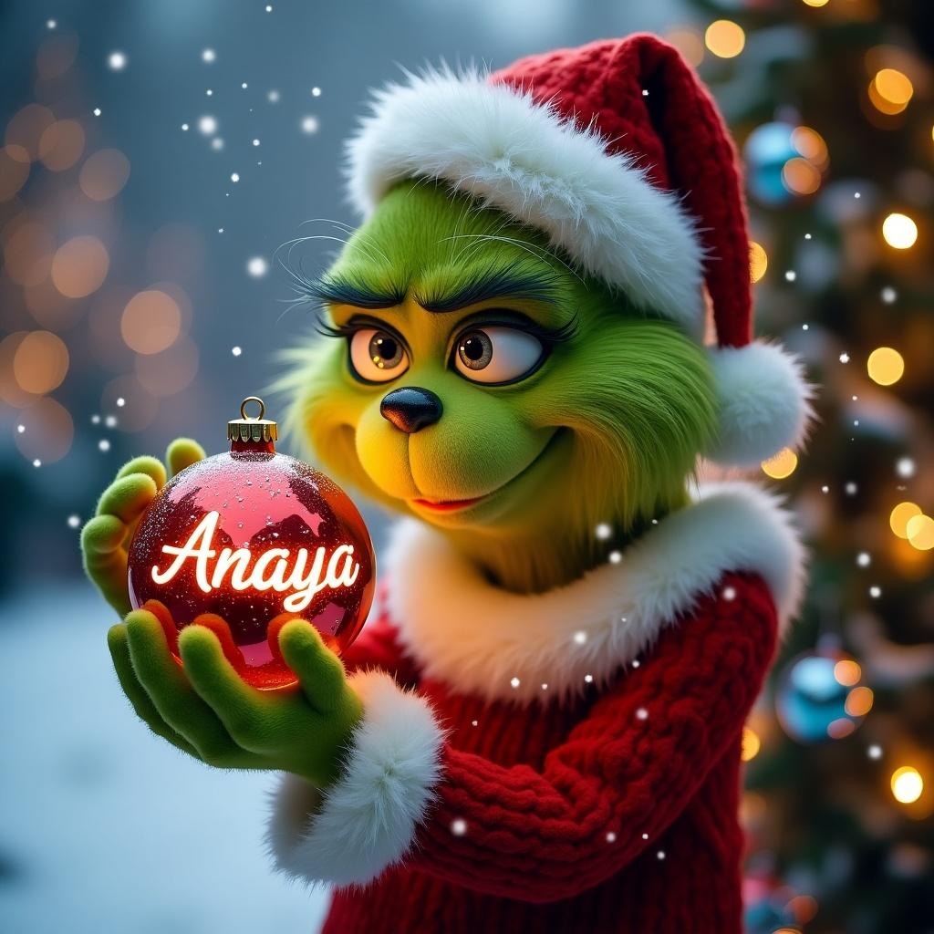 Grinch character in Christmas outfit holding a shiny bauble with Anaya written on it. Snowy background with lights.