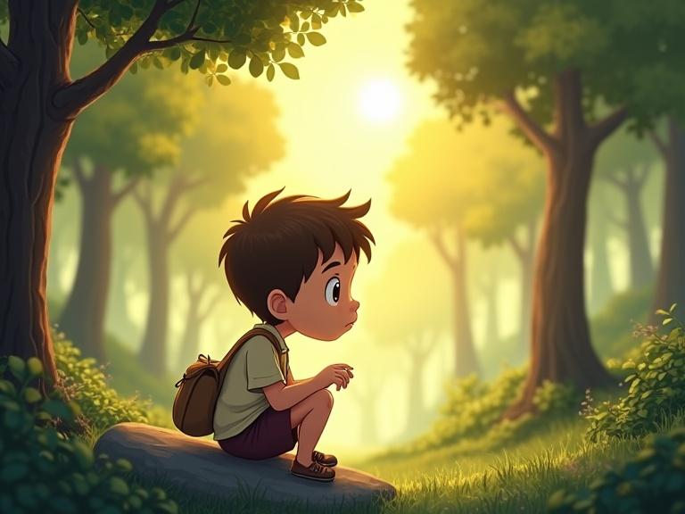 A cartoon shows a little boy around seven years old with innocent features sitting on a rock in a forest. He wears a simple shirt and shorts with a small bag. Sunlight touches his hand. The background features trees and soft lighting.
