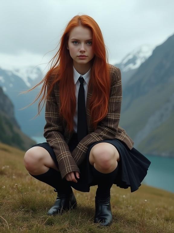 Photorealistic image of a young woman with long red hair in a plaid blazer and black skirt crouching in a mountain landscape. Snow-capped peaks are in the background and a cloudy sky is overhead. Natural light is used to create an atmospheric tone.