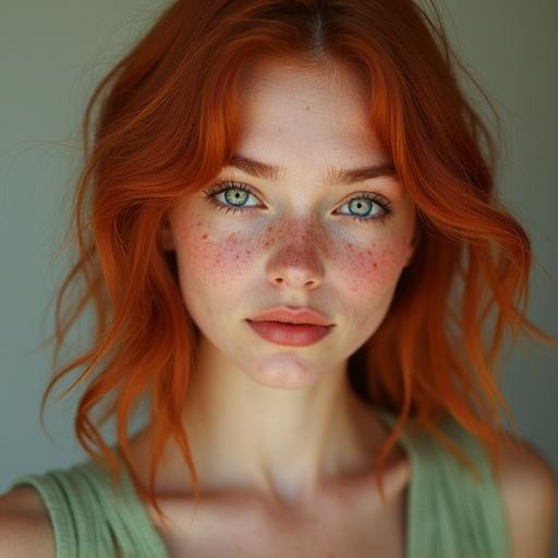 Photorealistic portrait of a young woman with red hair and freckles. She has blue eyes and full pink lips. Dressed in a light green sundress.