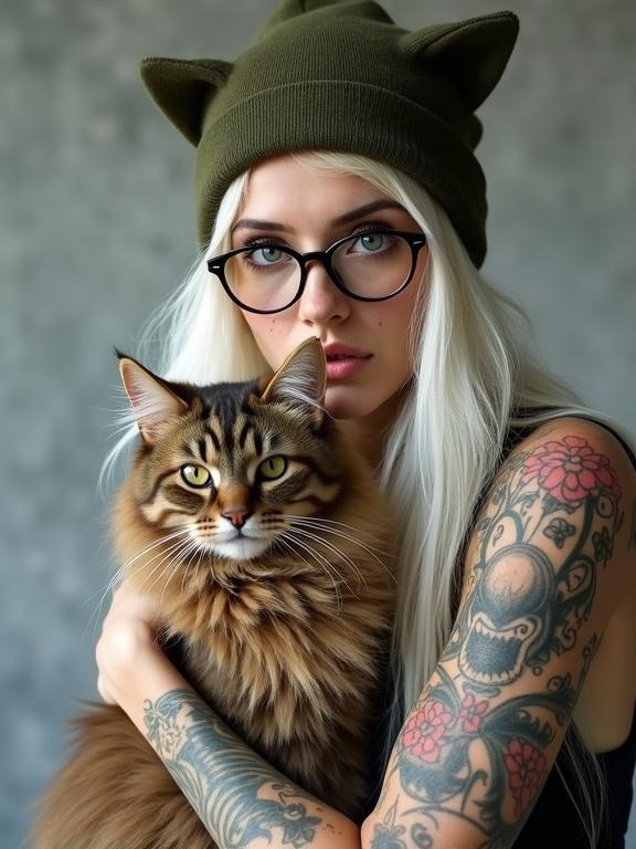 A proud woman wears a military green beanie with cat ears. Long white hair flows down. She has freckles and tattoos. Holds a fluffy brown cat. The background is soft gray. The atmosphere is bold and captivating.