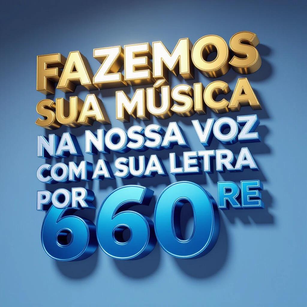Create a stunning promotional image with 3D text. Text says 'FAZEMOS SUA MÚSICA NA NOSSA VOZ COM A SUA LETRA POR 60 REAIS'. Use metallic gold and electric blue colors. Include 3D musical icons and a dynamic background of studio equipment. Price '60 REAIS' highlighted in a glowing badge. Style is modern and professional.