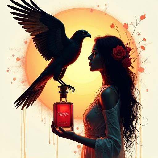 A conceptual artwork featuring silhouettes of a falcon and a young woman. The woman has long dark hair and a rose. She holds an apothecary bottle labeled 'ALFRUNO'. The background is luminous with warm lighting.