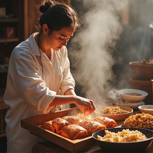 A warm and inviting kitchen scene featuring Du Huo Ji Sheng soup. Focus on the ingredients displayed for the soup. Highlight the fresh herbs and meat. Steam gently rising from the soup. Captivating cooking atmosphere with wooden bowls and rustic decor.