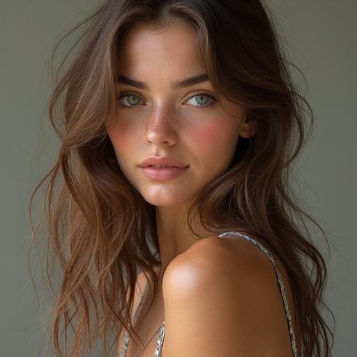 Image of a woman with long hair. Focus on her shoulder and collarbone. Soft natural lighting highlights her features. Elegant and artistic composition.