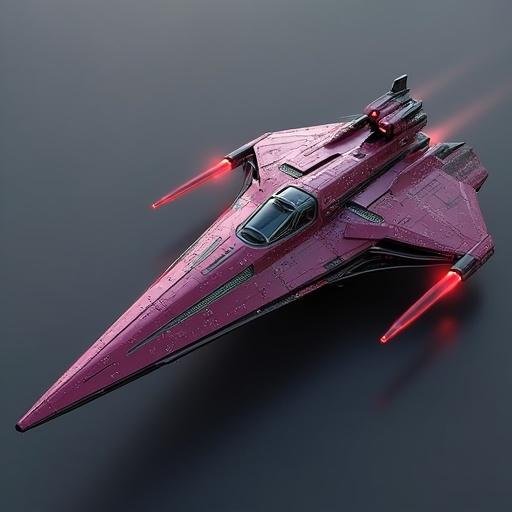 Realistic depiction of a corvette starship with a thorn-like hull. Hull crafted in deep violet and crimson hues. Glowing emerald accents enhance futuristic look. Equipped with twin laser turrets and advanced sensor arrays. Features reflective armor effect. Set against a plain dark-grey background.