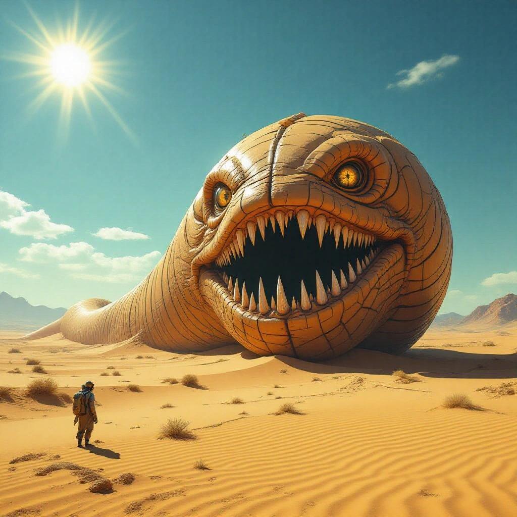 In a barren desert, an enormous sandworm stretches 400 meters long. It has a thick body with a circular mouth filled with crystalline teeth. The scene is under a bright sun.