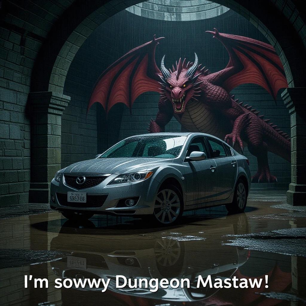 Cinematic still features a 2005 Mazda 6 in a wet puddle leaking from its undercarriage. The car has a nervous expression. It is set in a deep dark dungeon with an enormous dragon in the background. Text states 'I'm sowwy dungeon mastaw.'