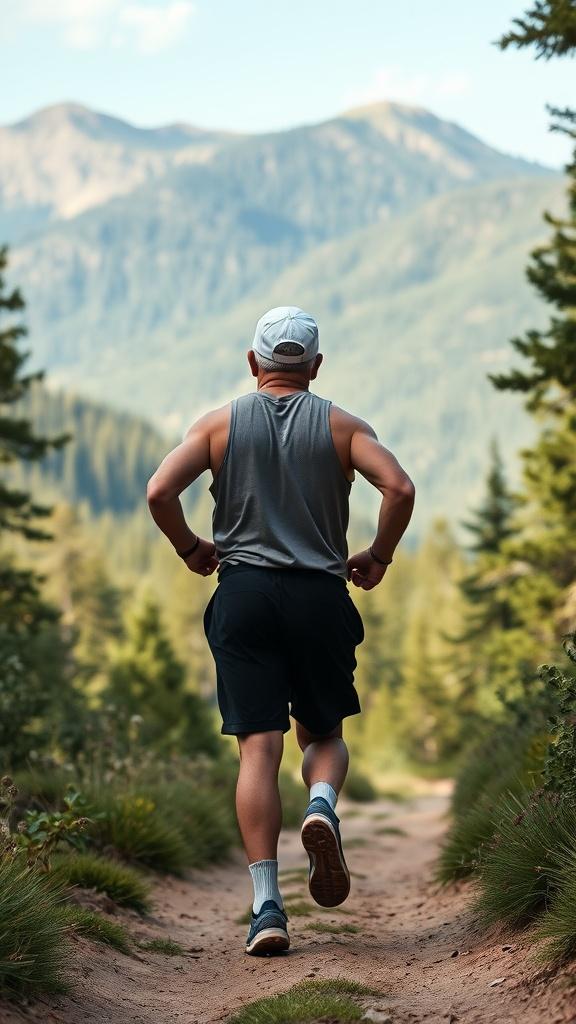 A person jogging on a picturesque mountain trail surrounded by trees, wearing casual athletic gear, captured from behind with a view of the distant mountains under a clear sky.