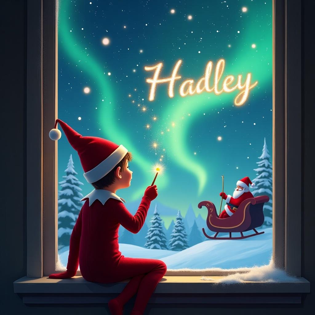 Elf sits on window ledge gazing at sky filled with stars and northern lights. Santa in sleigh visible in background. Elf wears red outfit with pointed hat. Elf uses wand to write 'Hadley' in sparkling letters.