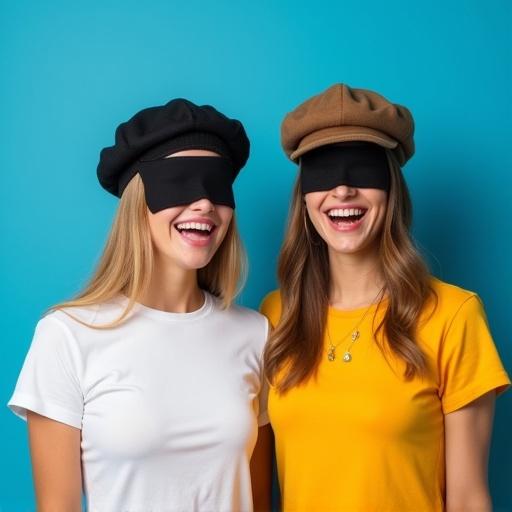 Two women with blindfolds covering eyes smiling. One in a white t-shirt and the other in a colorful t-shirt. Both wearing berets. Blue background.