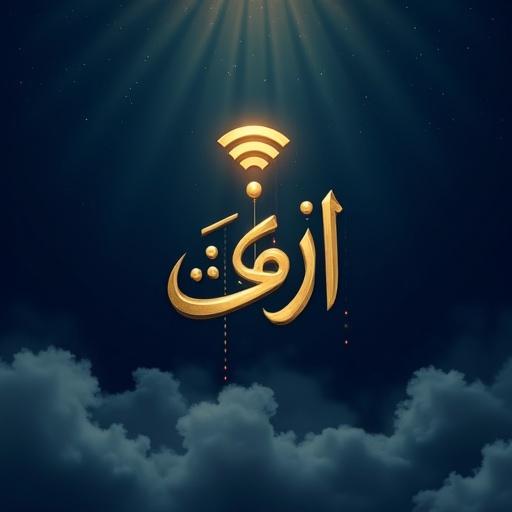 A modern Islamic-themed graphic post for a tech company. Dark blue and sky blue gradient background. Faint digital waves and network lines. Central Arabic calligraphy 'جمعة مباركة' in golden Diwani style, glowing. Golden Wi-Fi icon radiating upward. Subtle clouds and light particles for a peaceful feel. Minimalist tech logo in the bottom corner. Caption in Arabic.