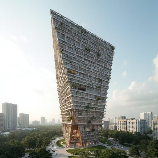 Urban hotel with 19 stories on a 100x50 meter site. Structure shaped like inverted equilateral triangle. Pointed tip embedded into the ground. Bold symmetry and sharp angles create iconic silhouette. Delicate second skin inspired by tree branches wraps lateral façades. Irregular lattice casts shadows and filters light. Uses natural materials like stone and wood. Features green rooftop terraces and sustainable design. Harmonious within city