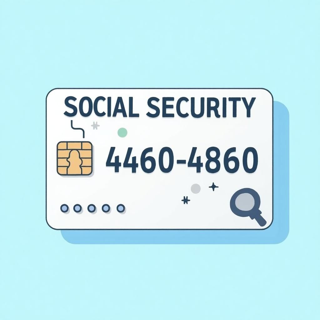 Depiction of a generic social security card. Card shows the text 'SOCIAL SECURITY' prominently. Key numbers displayed include '446-06-4860'. A graphic chip is illustrated on the card. Decorative elements indicate its official nature. Background is soft blue, enhancing visual appeal. Design looks professional and clean, reflecting importance of social security.